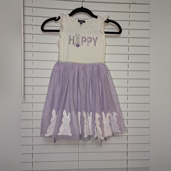 Girls Happy Easter Purple and White Bunny Tulle Dress. Size S. EUC - Picture 1 of 13
